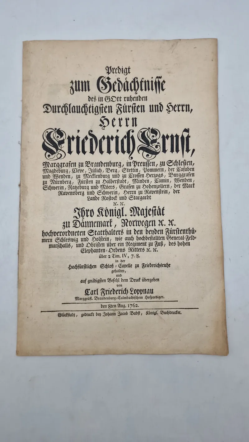 Original mindeprædiken for Friedrich Ernst, markgreve af Brandenburg og andre territorier