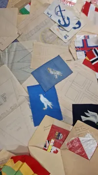 Samling bordflag flag, bannere mm. fra nedlagt Dansk flagfabrik