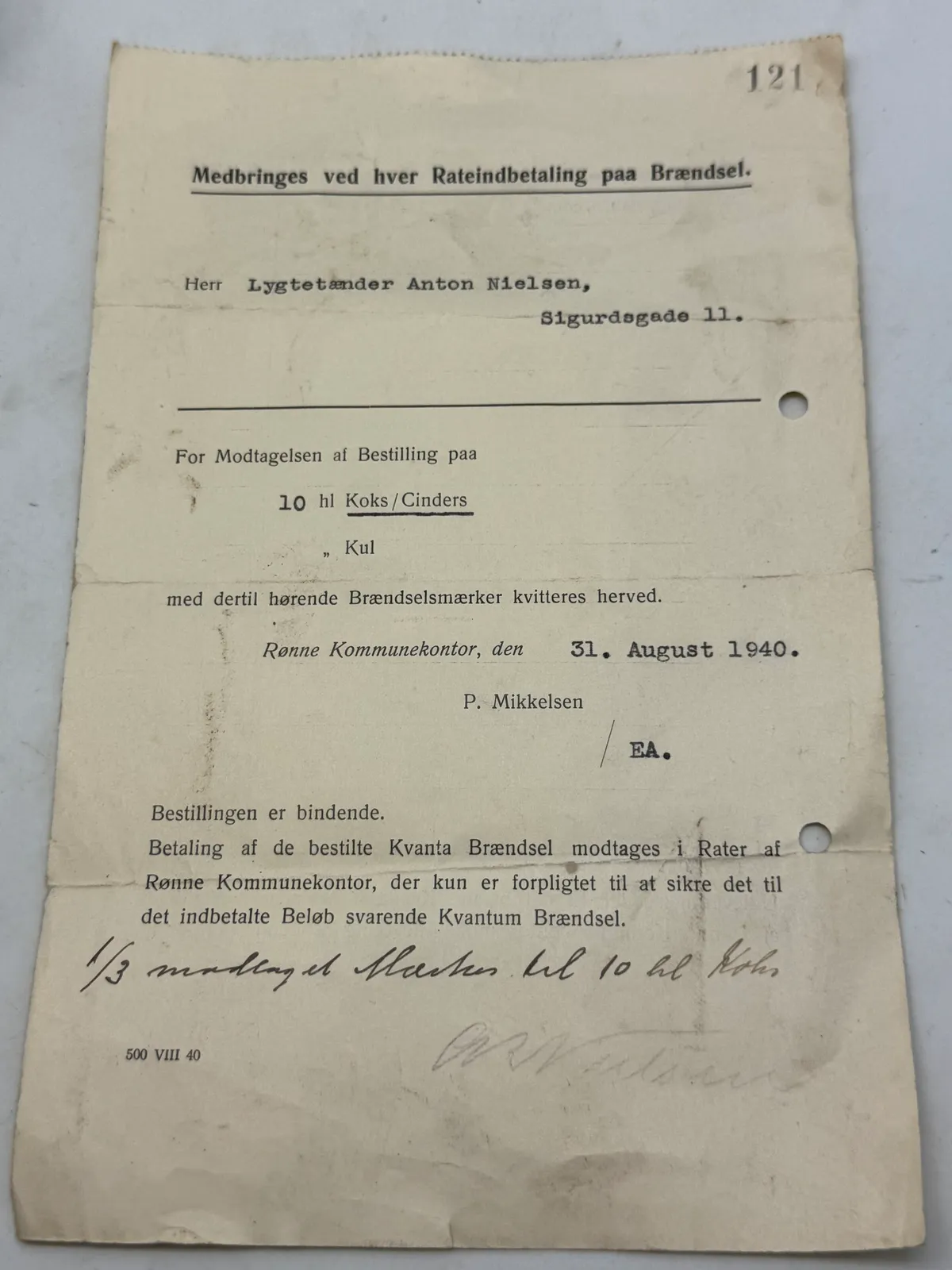 Original bestillingsseddel på koks, 2.verdenskrig Bornholm