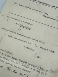 Original bestillingsseddel på koks, 2.verdenskrig Bornholm