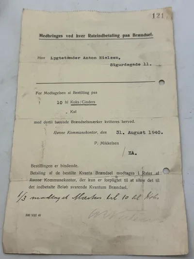 Original bestillingsseddel på koks, 2.verdenskrig Bornholm