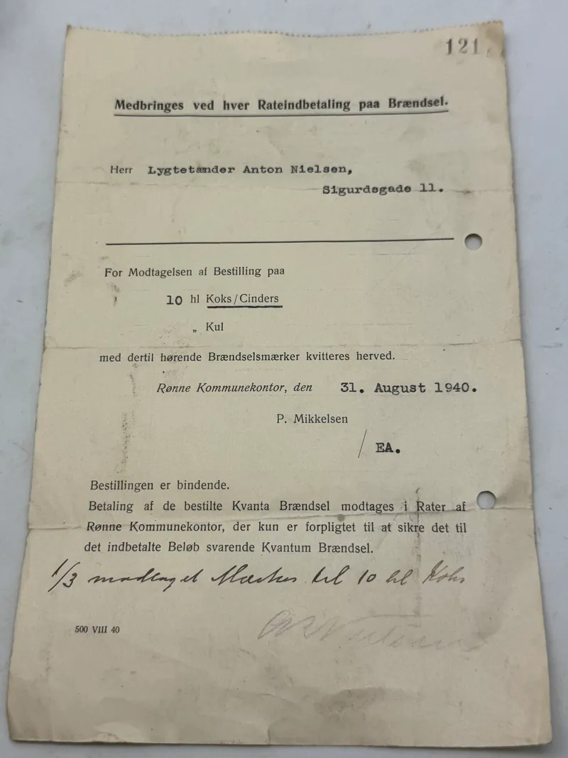 Original bestillingsseddel på koks, 2.verdenskrig Bornholm
