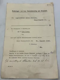 Original bestillingsseddel på koks, 2.verdenskrig Bornholm