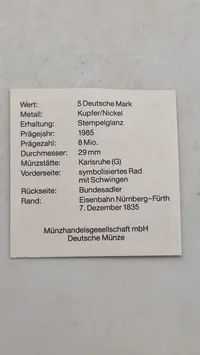 Bundesrepublik Deutschland
1985 (150) Jahre Eisenbahn Token/mindesmønt