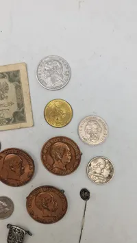 Samling diverse pins og mønter