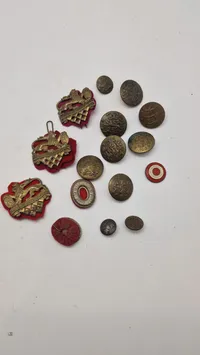 Samling regimentsmærker og knapper