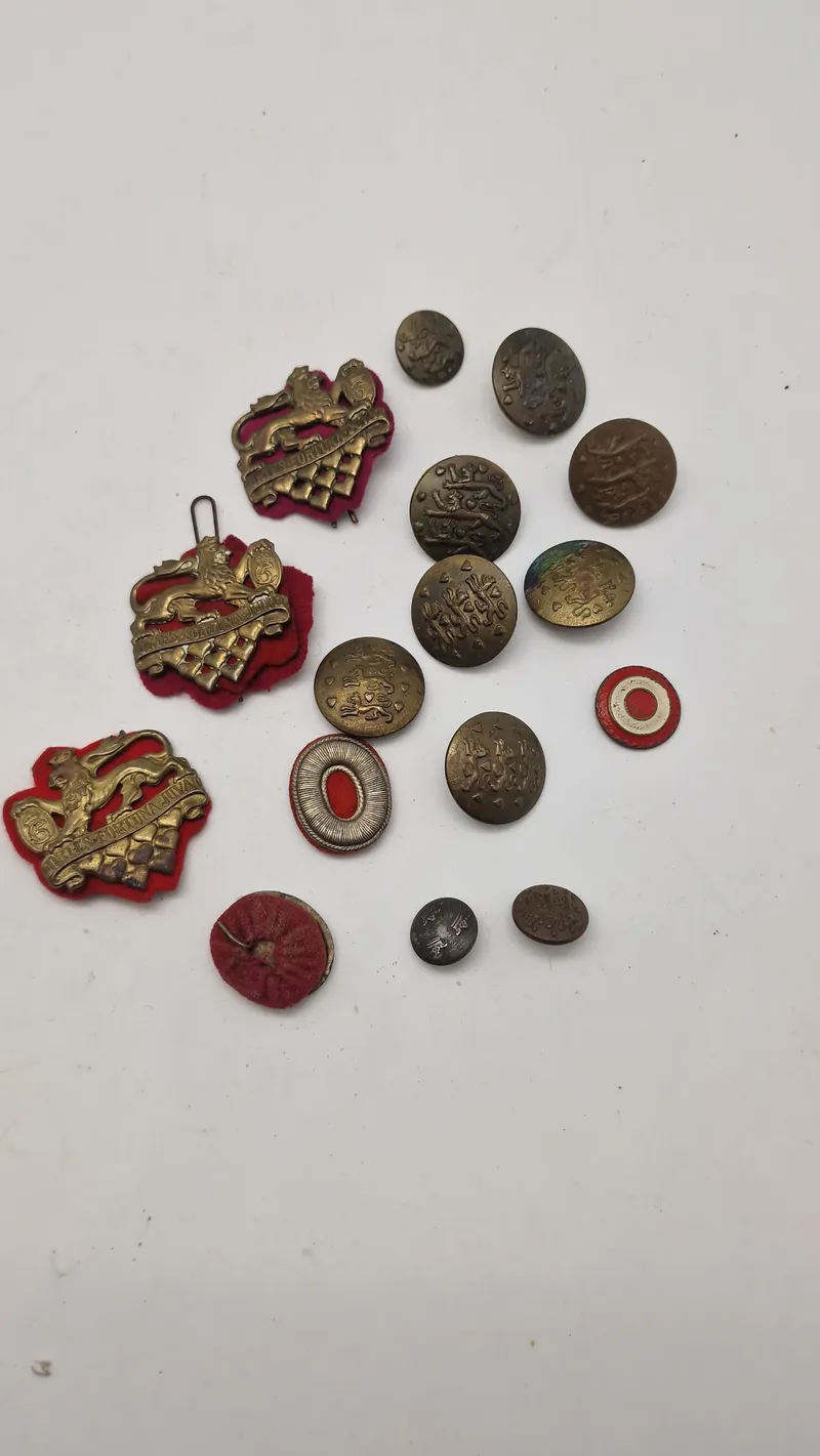 Samling regimentsmærker og knapper
