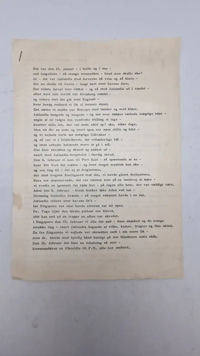 Brev skrevet i 1952, omhandlende afgang og sejlads med Jutlandia