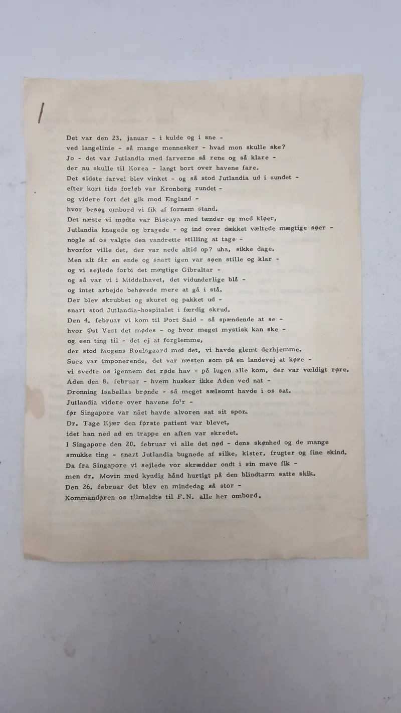Brev skrevet i 1952, omhandlende afgang og sejlads med Jutlandia