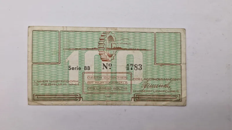 Sjælden original 100-cents værdikupon fra Westerbork transitcamp Der Anna Frak sad først