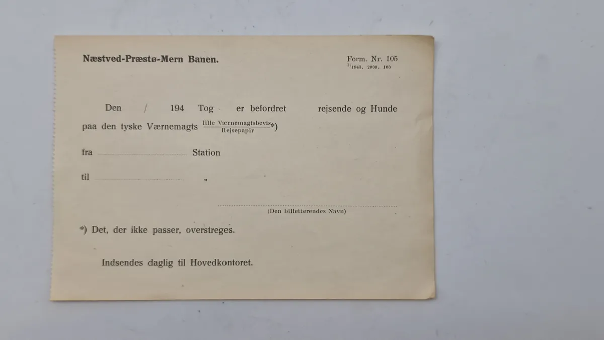 Originalt værnemagtsbevis fra Næstved-Præstø-Mern banen