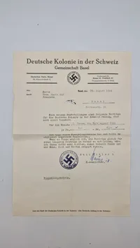 Originalt  brev fra "Deutsche Kolonie in der Schweiz, Gemeinschaft Basel" dateret den 29. august 1944, adresseret til fru Marie Ruf, hvori hun anmodes om at betale udestående bidrag