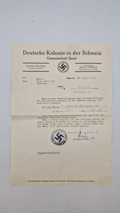 Originalt  brev fra "Deutsche Kolonie in der Schweiz, Gemeinschaft Basel" dateret den 29. august 1944, adresseret til fru Marie Ruf, hvori hun anmodes om at betale udestående bidrag