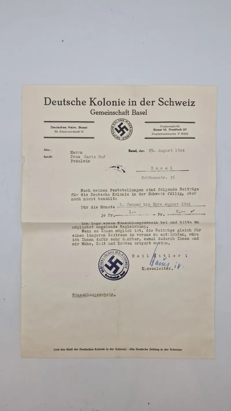 Originalt  brev fra "Deutsche Kolonie in der Schweiz, Gemeinschaft Basel" dateret den 29. august 1944, adresseret til fru Marie Ruf, hvori hun anmodes om at betale udestående bidrag
