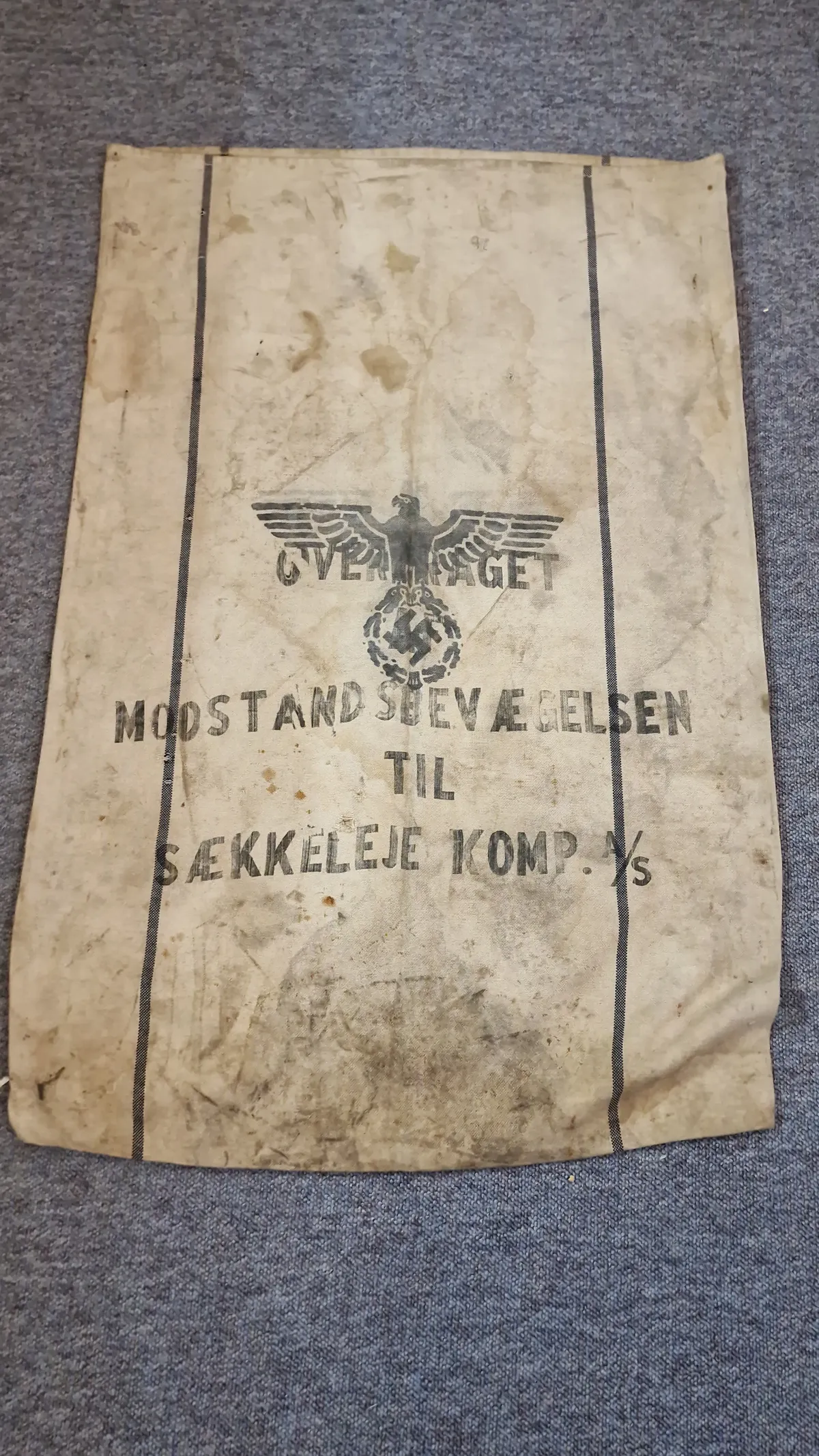 Original forplejningssæk, overdraget til den danske modstandsbevægelse