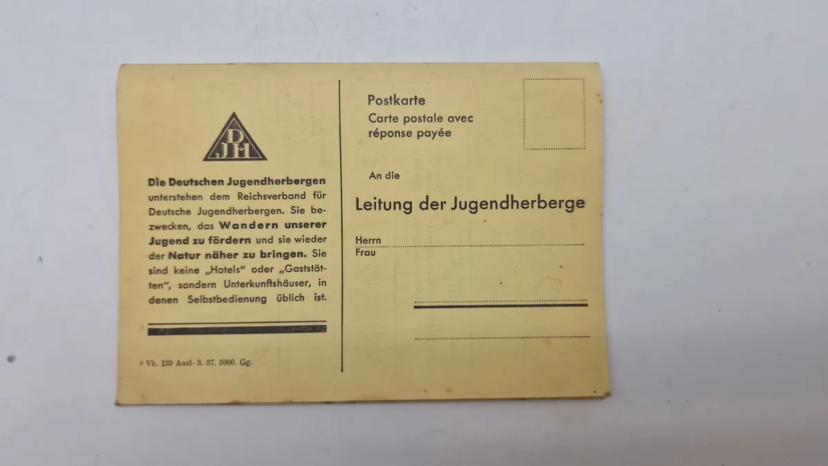 Originalt postkort fra de Tyske Ungdomsherberger (Deutschen Jugendherbergen), som var en del af Reichsverband for Jugendherbergen -ww2
