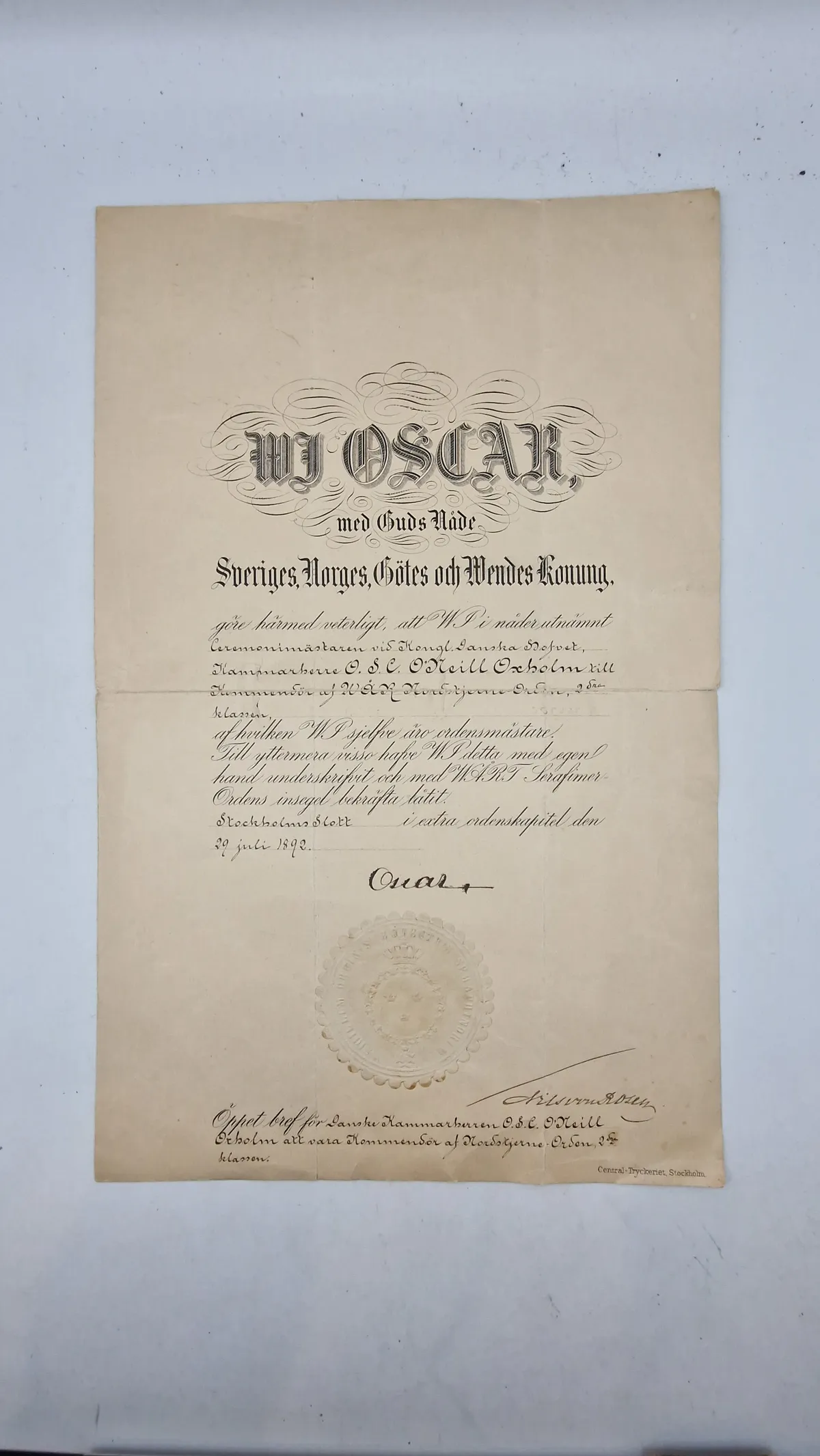 Originalt urkunde underskrevet af den Svenske konge til Oscar Siegfred Christian O'Neill O'Neill Oxholm, 1855 - 1926