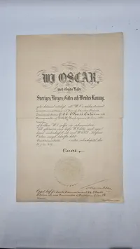 Originalt urkunde underskrevet af den Svenske konge til Oscar Siegfred Christian O'Neill O'Neill Oxholm, 1855 - 1926