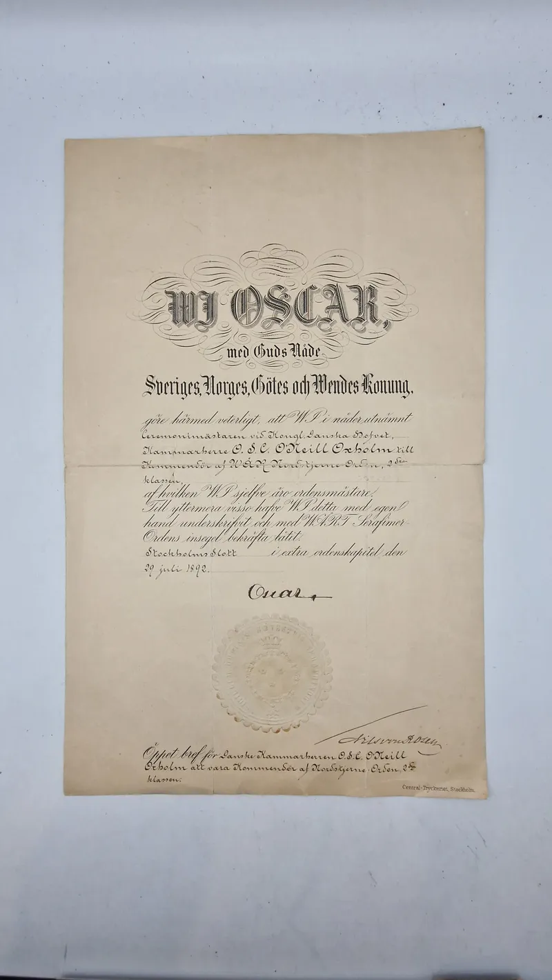 Originalt urkunde underskrevet af den Svenske konge til Oscar Siegfred Christian O'Neill O'Neill Oxholm, 1855 - 1926