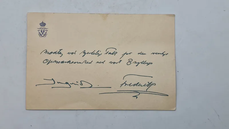 Ekstremt sjældent takke kort fra kronprins Frederik og prinsesse Ingrids bryllup i 1935