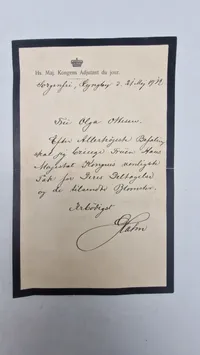 Sjældent originalt takkebrev fra Kongens adjudant til Olga Madsen ifbm Kongens død i 1912