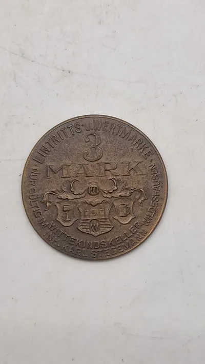 Original 3 Mark adgangs- eller værdikupon ("Eintritts- u. Wertmarke") fra Wittekindskeller Wildeshausen