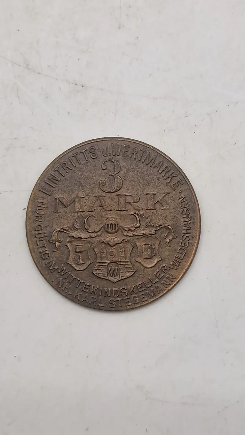 Original 3 Mark adgangs- eller værdikupon ("Eintritts- u. Wertmarke") fra Wittekindskeller Wildeshausen