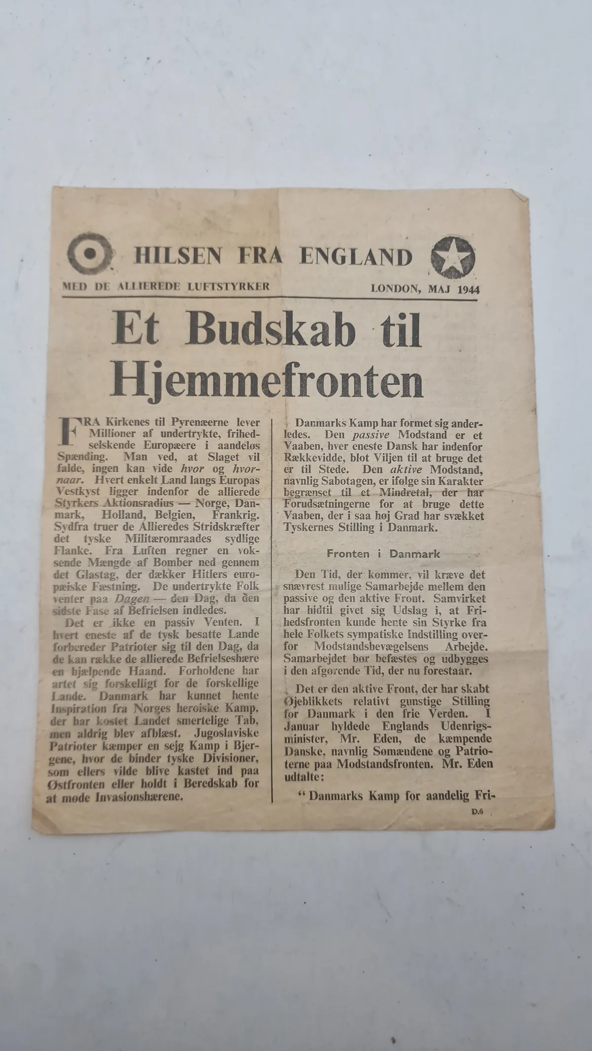 Originalt Nedkastet illegalt blad WW2