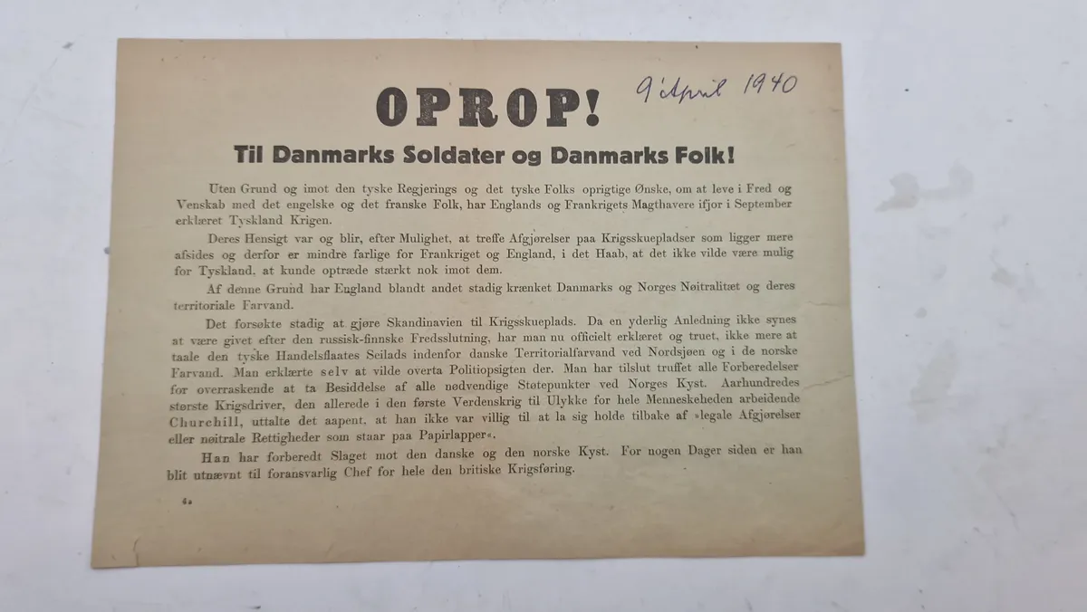 Originalt Oprob nedkastet over danske byer 9.april 1940