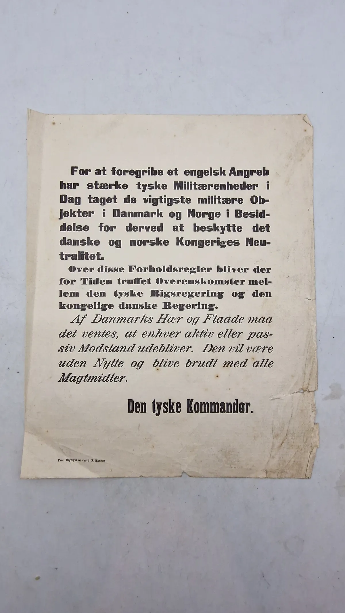 Original proklamation fra den tyske kommando vedrørende besættelsen 9 April