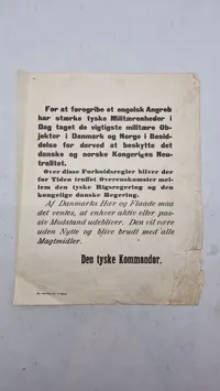 Original proklamation fra den tyske kommando vedrørende besættelsen 9 April