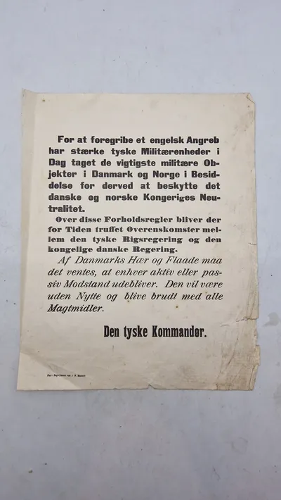 Original proklamation fra den tyske kommando vedrørende besættelsen 9 April