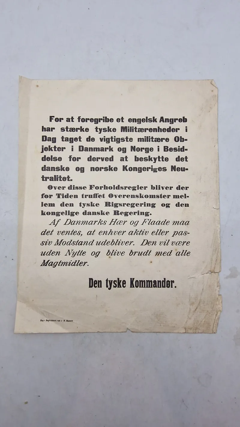 Original proklamation fra den tyske kommando vedrørende besættelsen 9 April