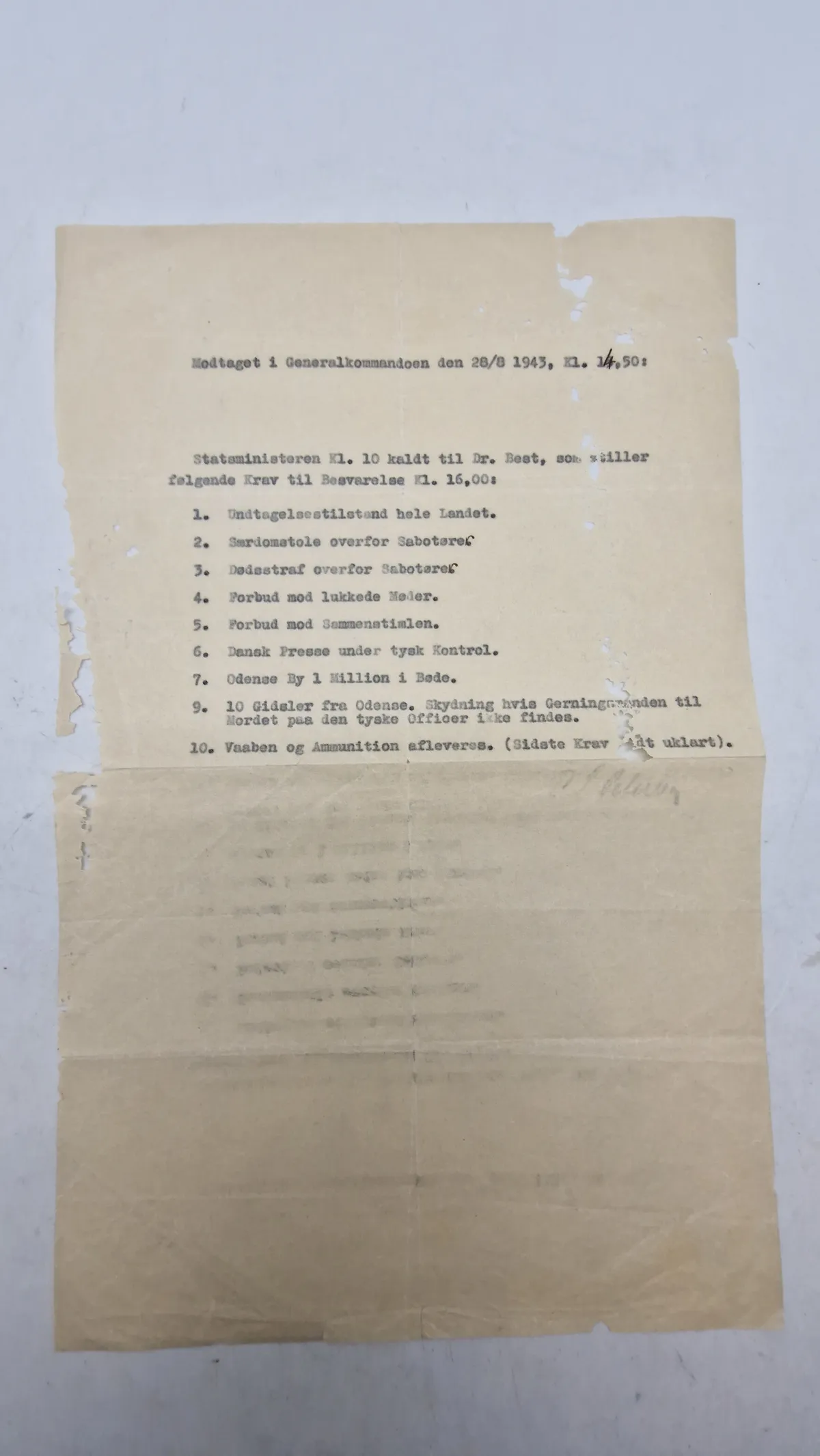 Originalt Dokument der beskriver de tyske krav til den danske regering under Anden Verdenskrig, som førte til indførelsen af undtagelsestilstand i Danmark