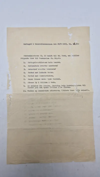 Originalt Dokument der beskriver de tyske krav til den danske regering under Anden Verdenskrig, som førte til indførelsen af undtagelsestilstand i Danmark