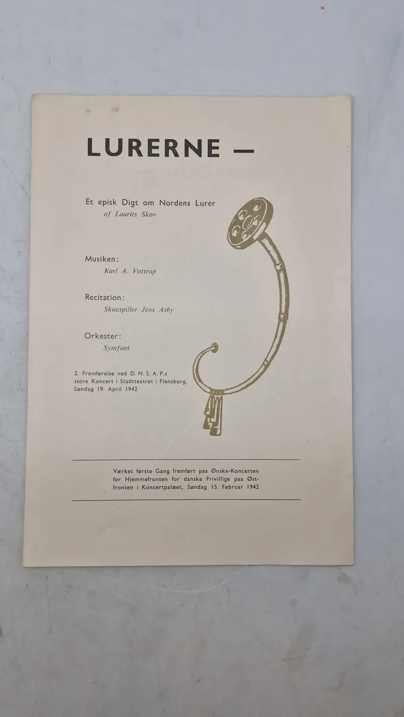 Sjældent originalt hæfte: program for anden opførelse af "Lurerne", et episk digt om nordiske lurer (Frikorps Danmark)
