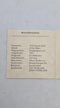 tysk sølvmønt på 10 Deutsche Mark fra 1991