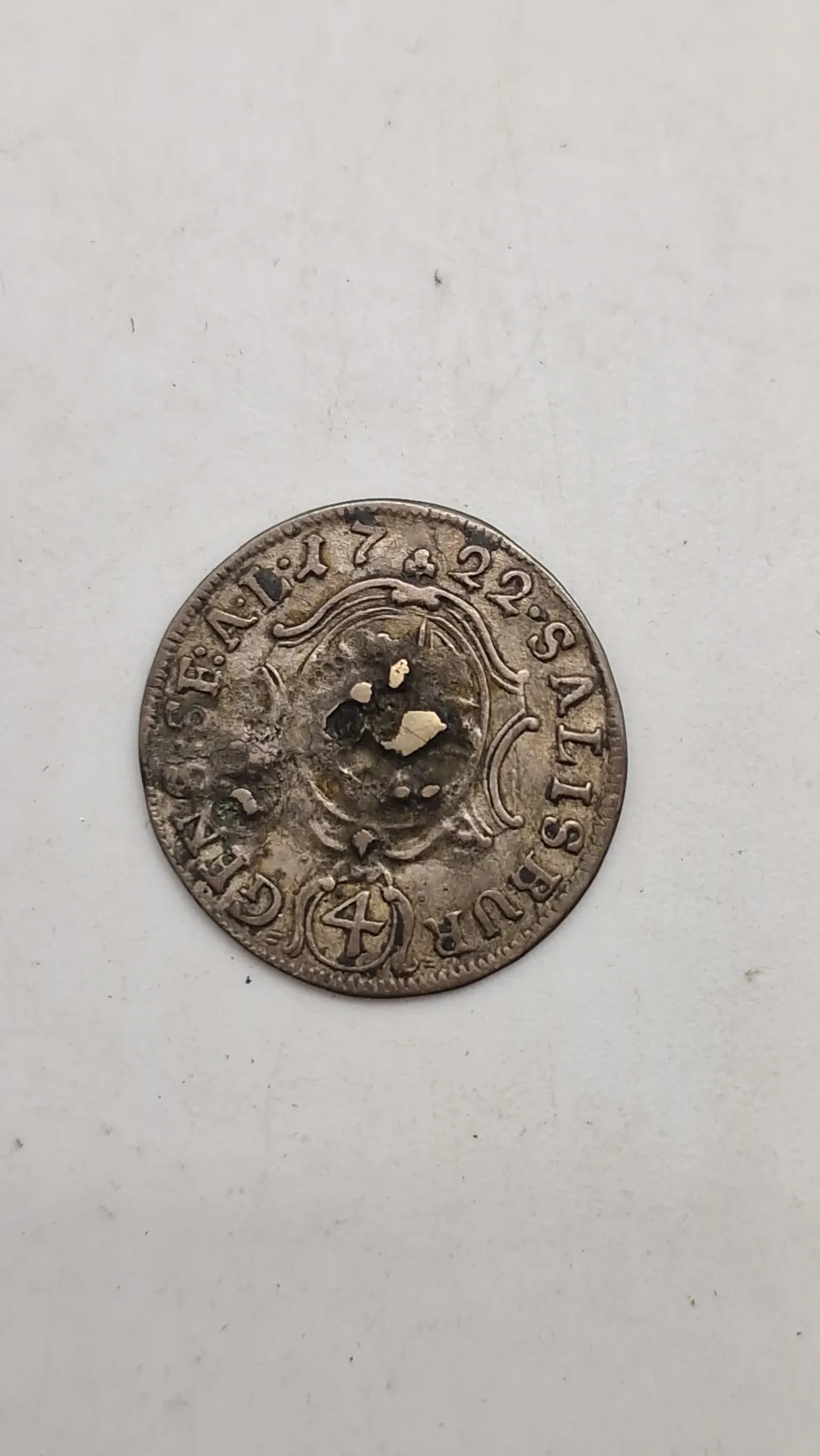 Original Kreuzer fra Salzburg, Østrig, præget omkring 1724. Sølv
