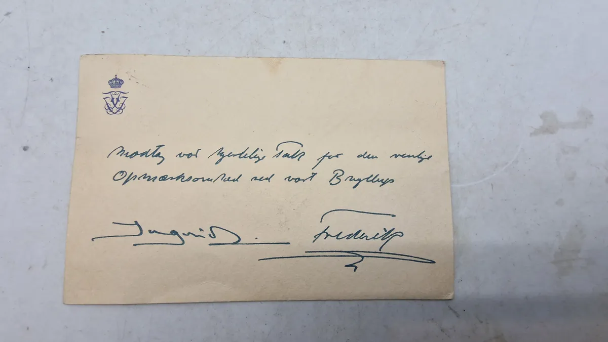 Ekstremt sjældent takkekort fra Brylluppet mellem prinsesse Ingrid og kronprins Frederik i 1935