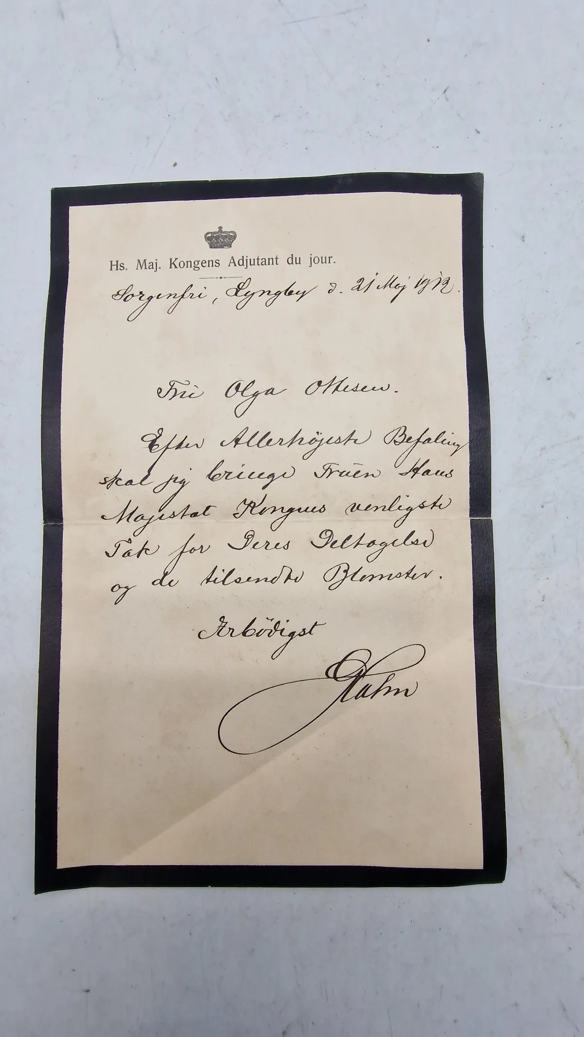 Sjældent originalt takkekort for deltagelse ved Kong Frederik 8’s begravelse i 1912