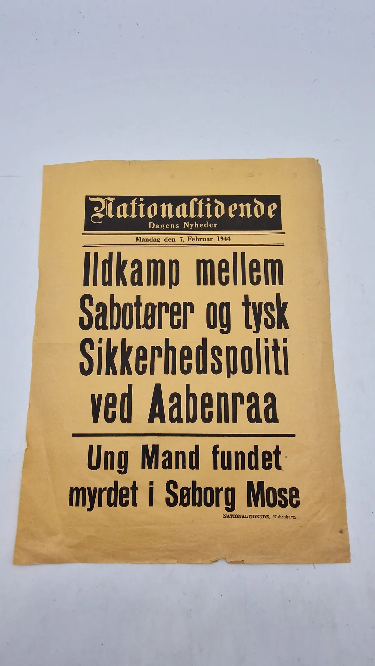 Spiseseddel fra Nationaltidende fra den 7. februar 1944. Original