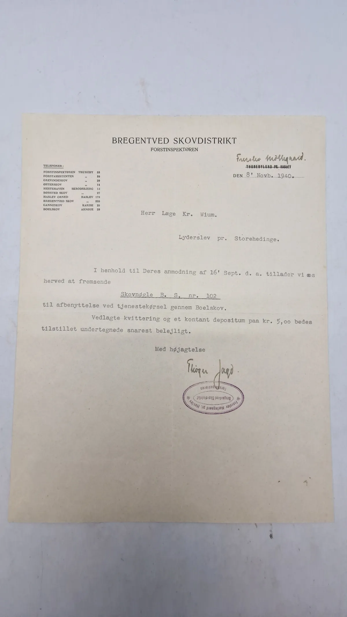 Seddel til rejse gennem skoven 1940