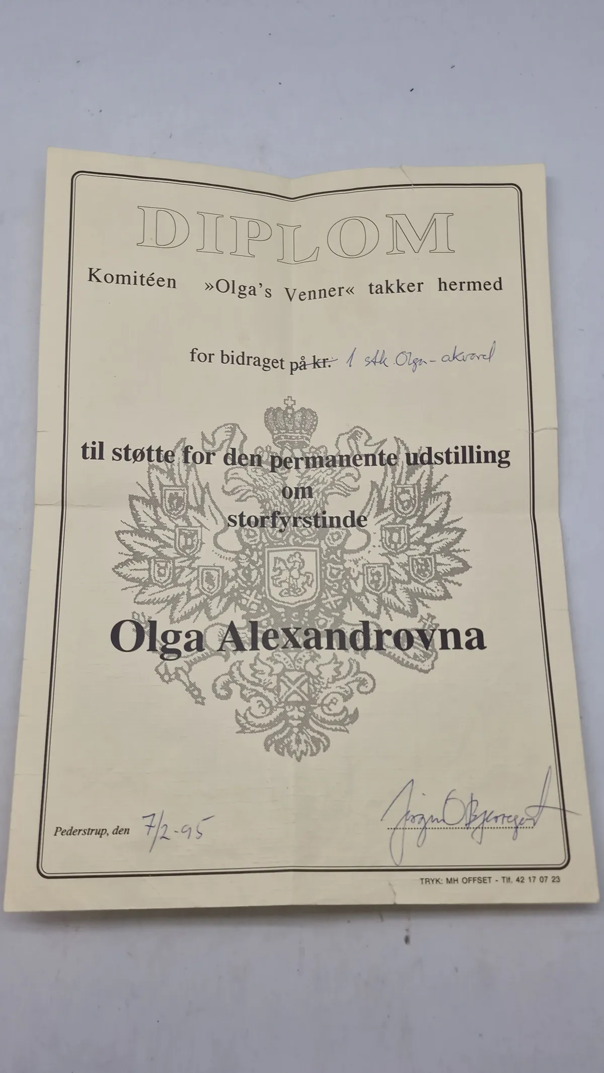 diplom fra komitéen "Olga's Venner". Originalt