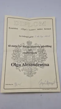 diplom fra komitéen "Olga's Venner". Originalt