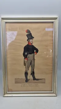farvelagt litografi med teksten "En Officier af Kronprindsens Livcorps." og "Ein Officier vom Kronprintzene Leibcorp."