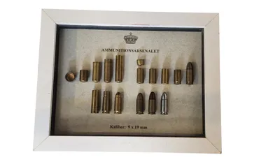 Trækstadier til 9X19 mm AMA patron inklusiv løs patron og “Værkstedspatron” (Lukke afstandsmåling)