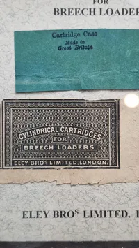 indrammet udstillingssæt med "Cylindrical Cartridges for Breech Loaders" fra Eley Bro Limited, London.