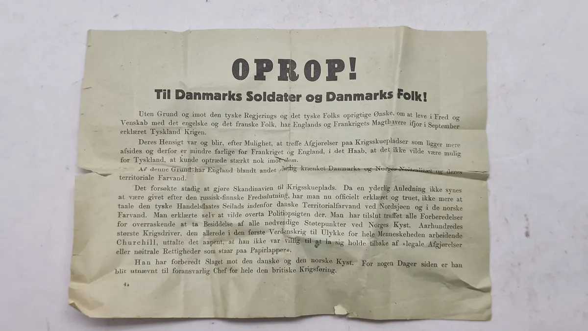 Oprop, nedkastet over danske byer 9.april 1940, original