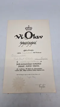 Den Kongelige Norske St. Olavs Orden tildelt Fritz Carl Vilhelm von Magius (1903–1969)
