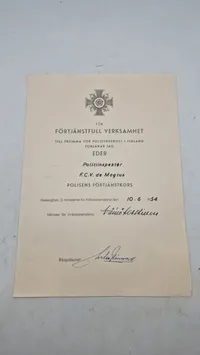 Ekstremt Sjælden Finsk Politi fortjeneste medalje tildelt Fritz Carl Vilhelm von Magius (1903–1969)